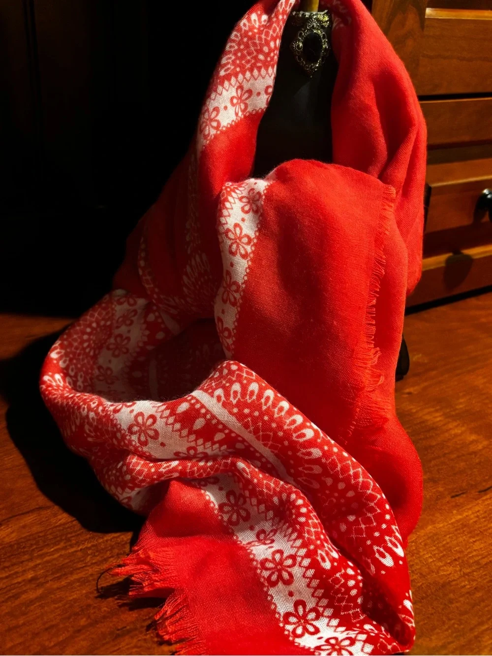 VTG vibrant red-and-orange lightweight infinity scarf with an ornate mandala